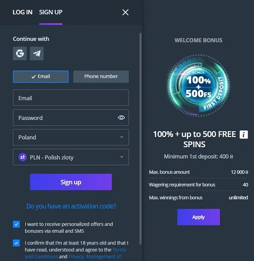 Rejestracja w Jet Casino