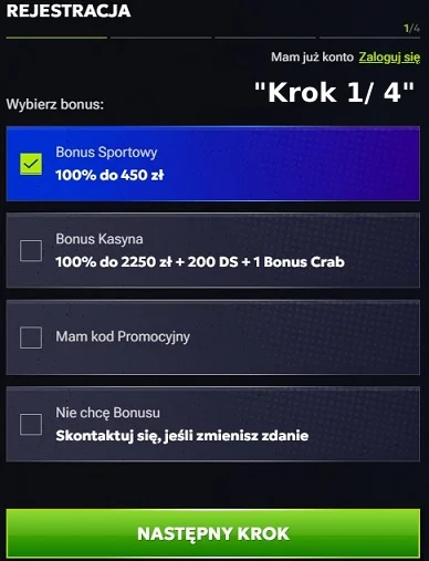 Formularz rejestracyjny w RTBet Casino - 1 krok