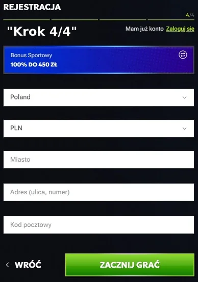 Formularz rejestracyjny w RTBet Casino - 4 krok