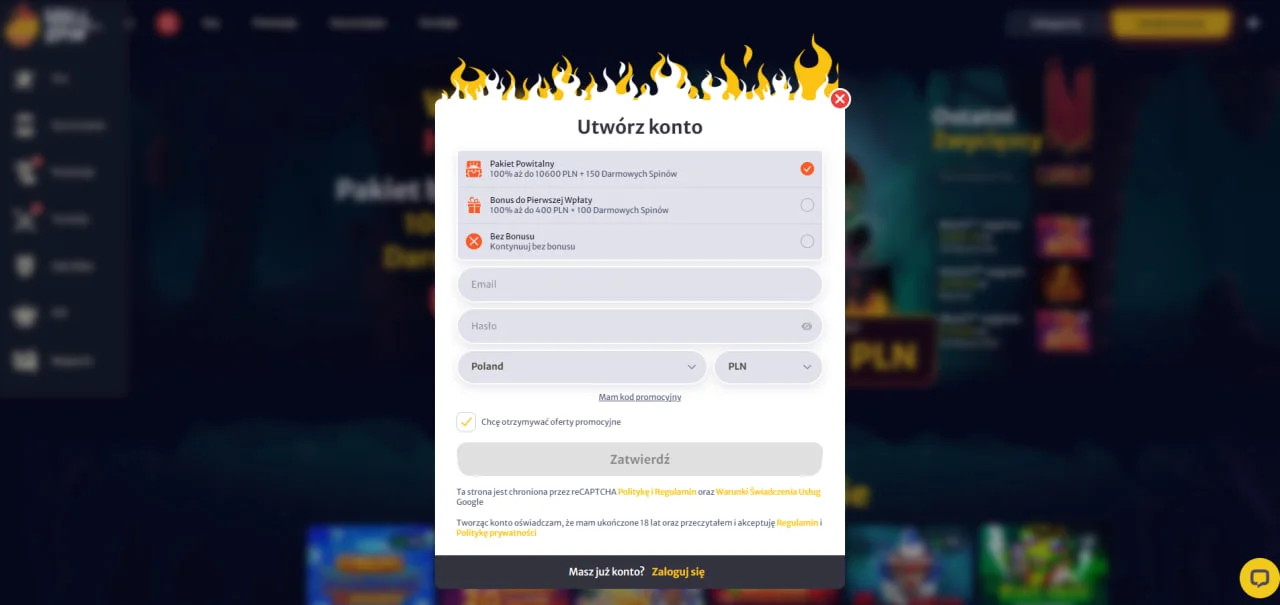 Formularz rejestracji w Hellspin Casino
