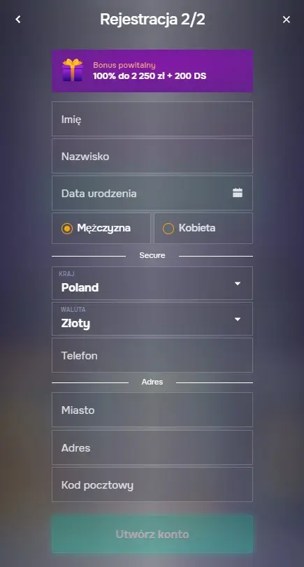 formularz rejestracyjny drugi krok casino SG