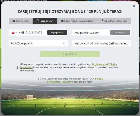 Formularz rejestracyjny przez telefon WinWin Casino