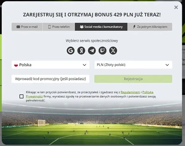 Formularz rejestracyjny za pośrednictwem sieci społecznościowych WinWin Casino