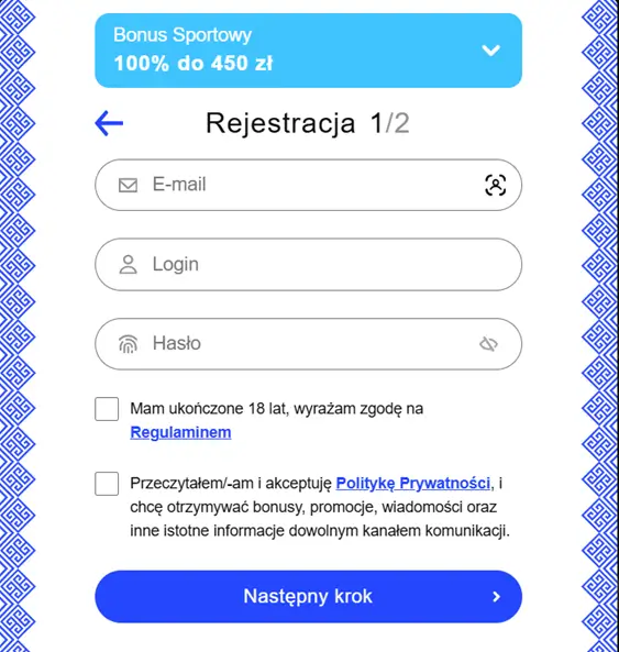 Formularz rejestracji krok 1 w LibraBet Casino