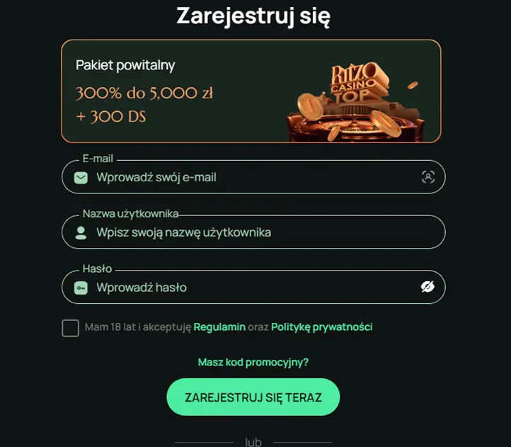 Formularz rejestracji w Ritzo Casino