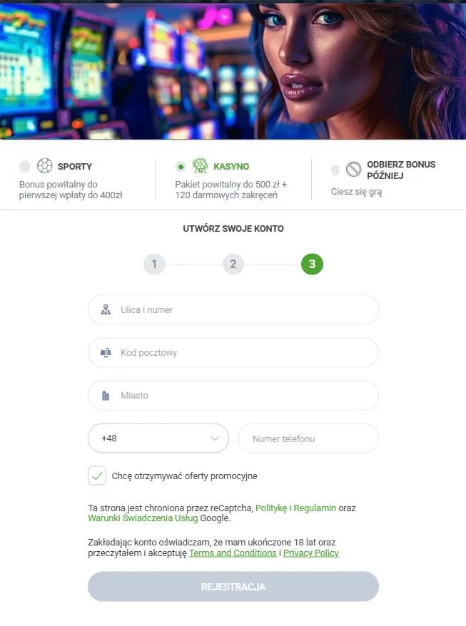 formularz rejestracyjny 20Bet Casino trzeci krok